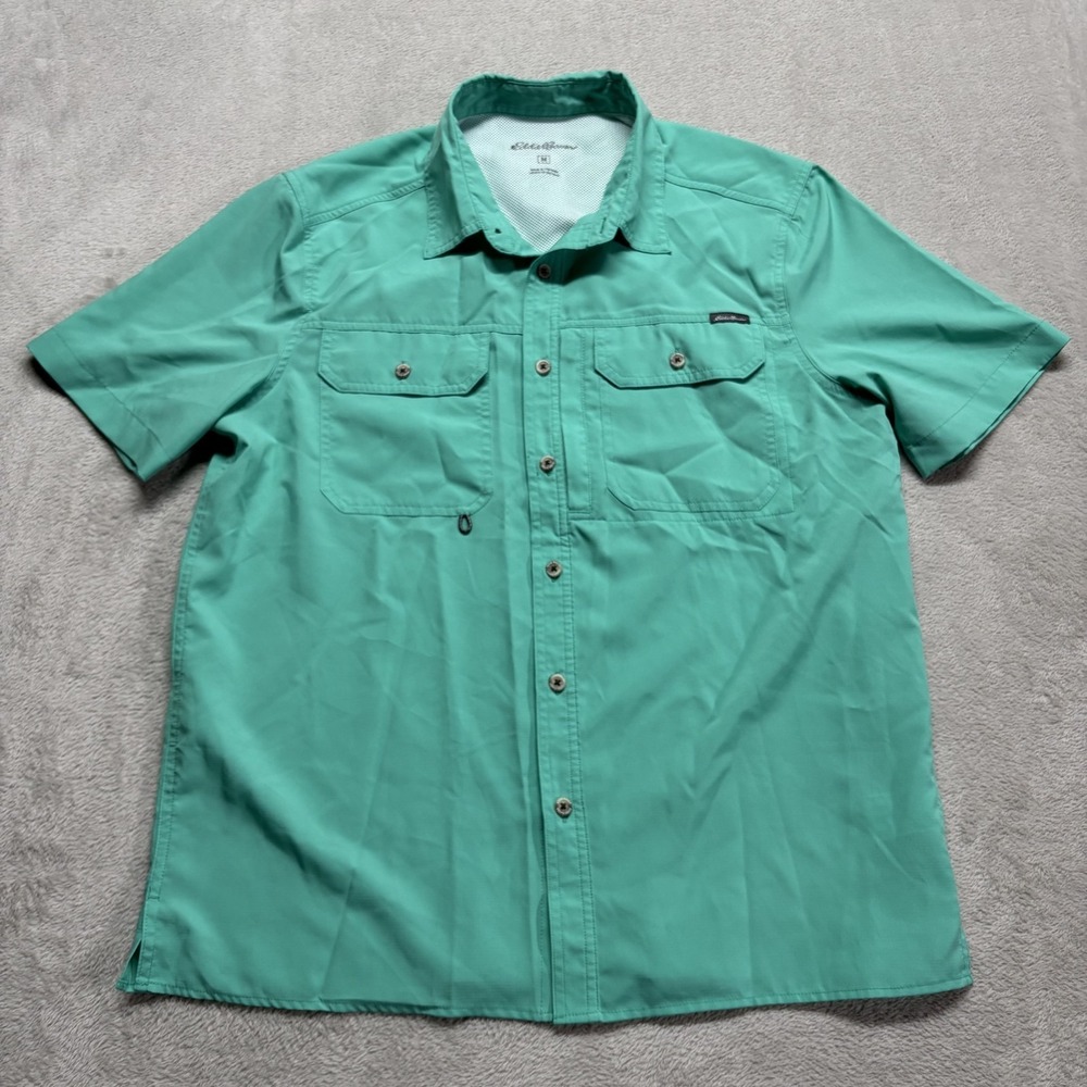 Eddie‎ Bauer Men's M Short Sleeve Woven Button Up Vented Fishing Shirt Turqoise